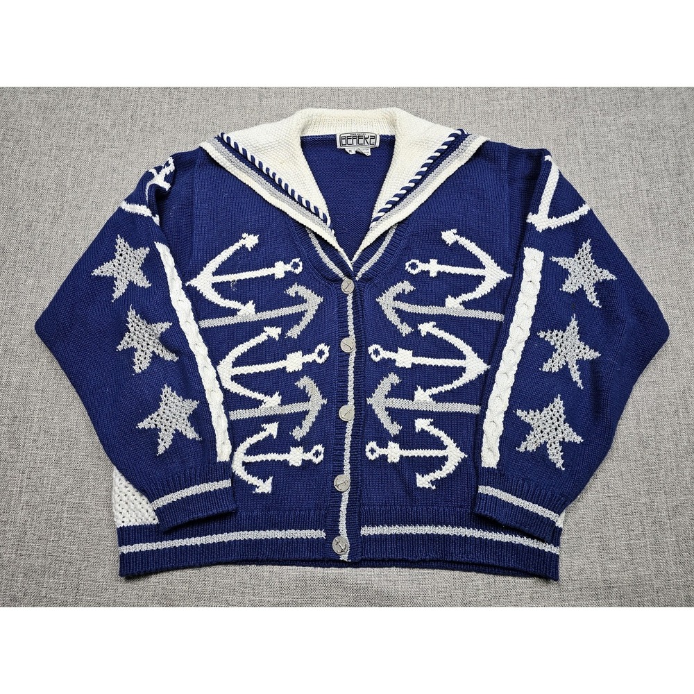 Vintage Berek 2 Cardigan Sweater Womens Medium Blue Anchor Nautical Knit Stars